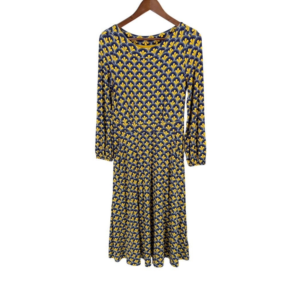 Boden Midi Dress Blue Yellow Size 6R Art Deco Geometric Print Long Sleeve